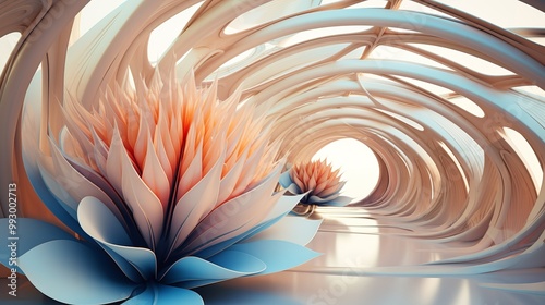 Fototapeta Naklejka Na Ścianę i Meble -  Stunning 3d abstract wallpaper featuring a captivating tunnel design with vibrant floral elements, perfect for modern interior decor and creative digital backgrounds.


