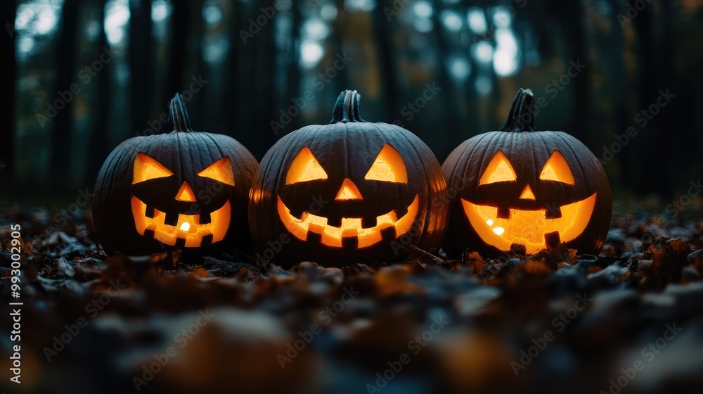 Three carved pumpkins glowing in the dark, surrounded by fallen leaves, with space for text in the top half of the image. No logo. Three carved pumpkins glowing in the dark, surrounded by fallen leaves, with space for text in the top half of the image. No logo.
