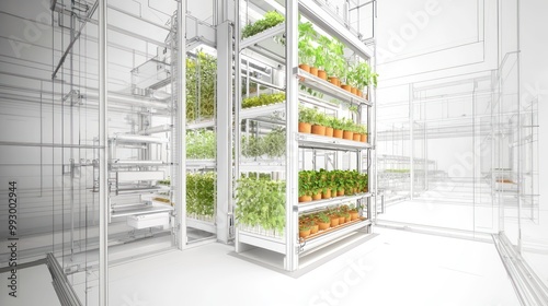 Technical drawing for a compact urban greenhouse, highlighting vertical growing systems and climate control technologies