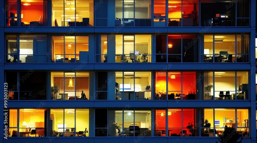 Lit office building windows glow warm against the blue evening, showing bustling city life and after-hours activity. Concept: Urban work culture. Lit office building windows glow warm against the blue evening, showing bustling city life and after-hours activity. Concept: Urban work culture.