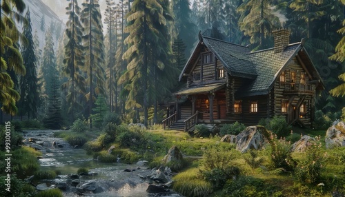 Cozy log cabin by misty stream in peaceful forest