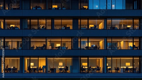 Lit office building windows glow warm against the blue evening, showing bustling city life and after-hours activity. Concept: Urban work culture.