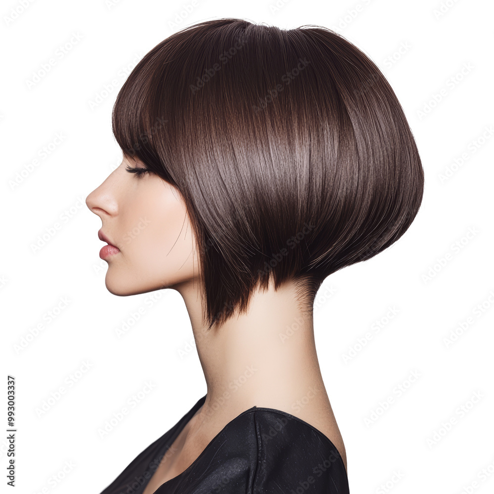 Naklejka premium Profile view of a woman with a stylish bob haircut and smooth brown hair. Elegant and modern hairstyle, perfect for fashion and beauty concepts.