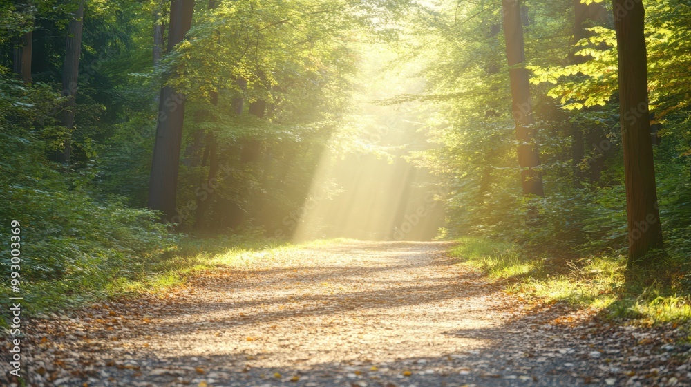 Obraz premium Golden autumn leaves gently fall to the ground in a warm, glowing light during a soft rainfall. A peaceful autumn scene filled with warm tones.