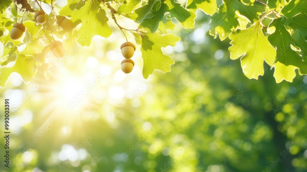 Obraz premium Close-up of green oak leaves with acorns, illuminated by bright sunlight, symbolizing the freshness of nature and growth.
