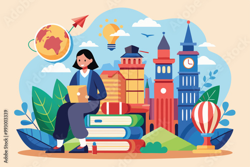 A student sits atop books, immersed in studying while surrounded by famous landmarks and nature, Customizable semi flat illustration for studying abroad