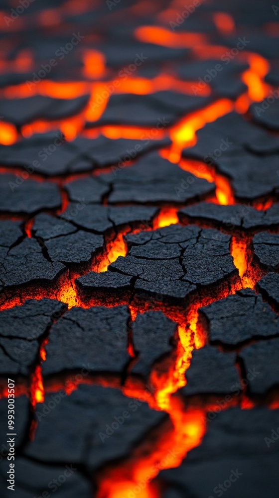 A close-up view of cracked volcanic earth with glowing lava flowing through the fissures, illustrating the raw power of nature during an eruption. A close-up view of cracked volcanic earth with glowing lava flowing through the fissures, illustrating the raw power of nature during an eruption.