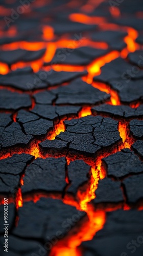 A close-up view of cracked volcanic earth with glowing lava flowing through the fissures, illustrating the raw power of nature during an eruption.