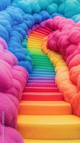 A colorful staircase that transitions through vibrant rainbow colors, surrounded by fluffy clouds, creating a whimsical and dreamlike atmosphere perfect for creative projects.