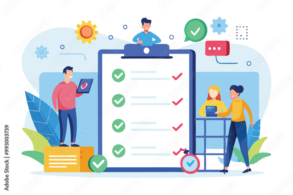 This illustration showcases a team engaged in a planning meeting with checklists and digital devices, Customizable semi-flat illustration for team checklist. This illustration showcases a team engaged in a planning meeting with checklists and digital devices, Customizable semi-flat illustration for team checklist.
