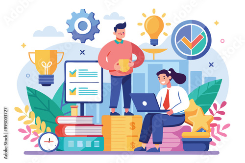 A professional workspace features individuals engaged in activities like brainstorming, planning, and financial success, Customizable Semi Flat Illustration for Success Factors