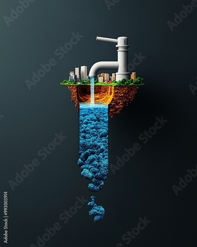 A creative illustration depicting a faucet pouring out vibrant blue water, surrounded by earth and cityscape elements, highlighting the importance of water and environmental awaren photo