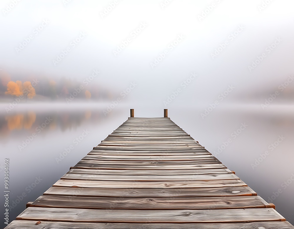 Fototapeta premium A weathered wooden pier extends out into a still, foggy lake, with trees displaying brilliant autumn colors lining the far shore.