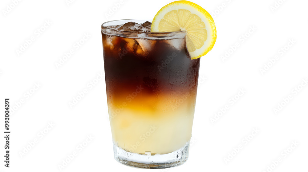 Refreshing iced drink with lemon slice garnish in glass, layered with a dark and light liquid, perfect for summer. Refreshing iced drink with lemon slice garnish in glass, layered with a dark and light liquid, perfect for summer.