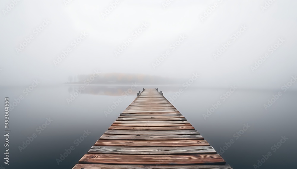 Obraz premium A weathered wooden pier extends out into a still, foggy lake, with trees displaying brilliant autumn colors lining the far shore.