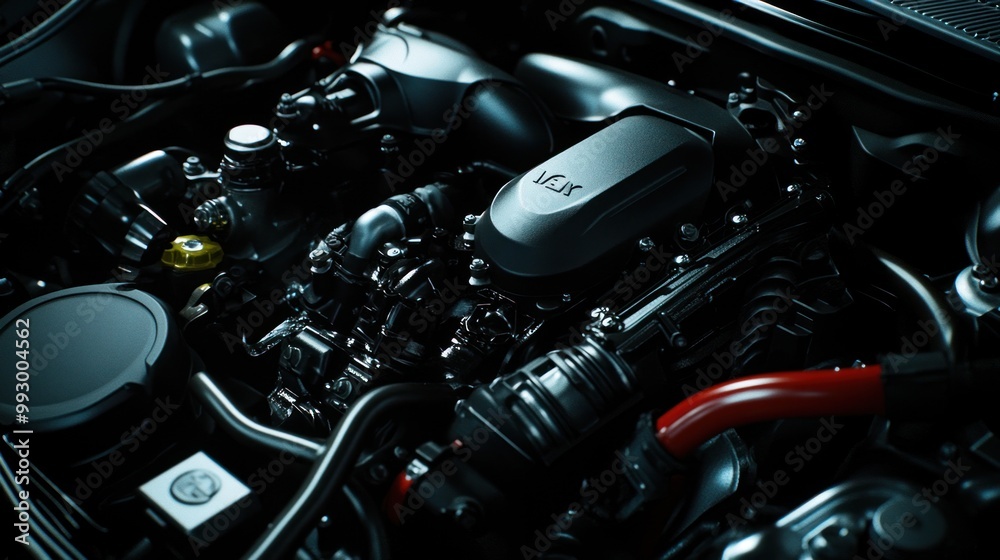 Close-up view of a modern car engine showcasing intricate components and design. Close-up view of a modern car engine showcasing intricate components and design.