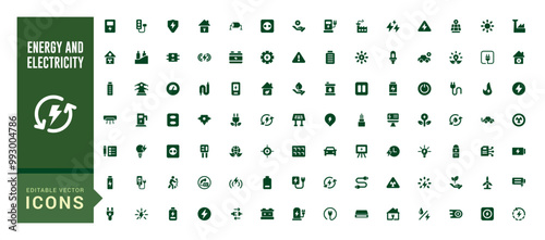 Energy and electricity icon set. Solid icon collection. Glyph for web and ui. Filled icon pack. Solid Energy icon bundle. Vector illustration.
