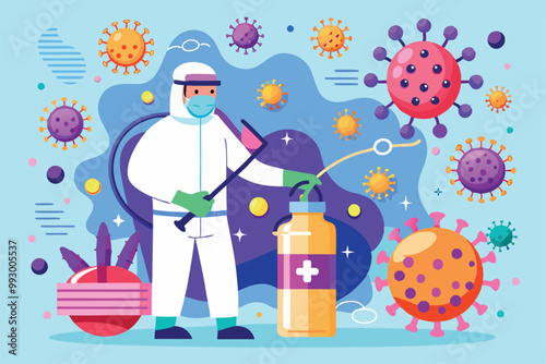 A healthcare professional in protective gear actively engages with viruses using a spray tool, Customizable Semi Flat Illustration for Virus Disinfection