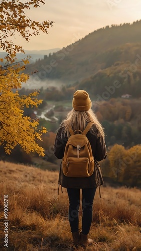 Hiking in the mountains, woman with long blonde hair in a beanie admiring misty autumn landscape with golden trees, photorealistic lighting, back to camera