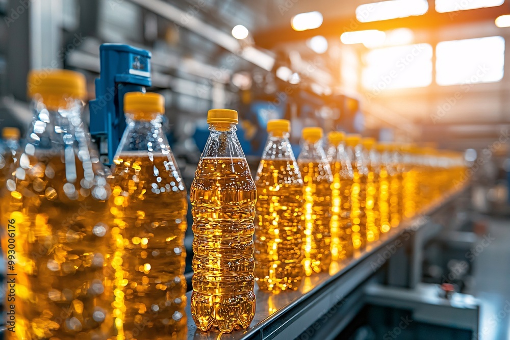Bottles of oil on a conveyor belt in a factory.