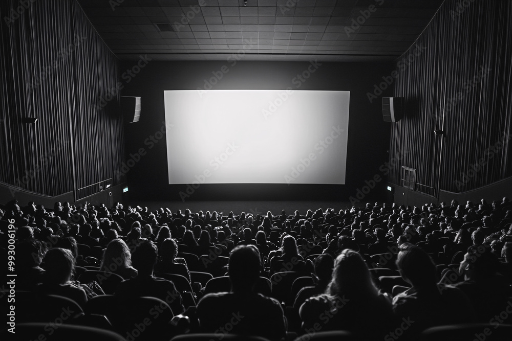 Crowded cinema theater with a large blank screen in front in a black and white setting
Crowded cinema theater with a large blank screen in front in a black and white setting