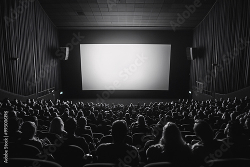 Wallpaper Mural Crowded cinema theater with a large blank screen in front in a black and white setting
 Torontodigital.ca
