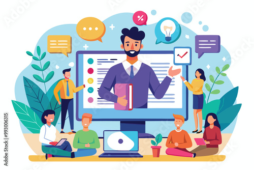 An engaging webinar illustration highlights a virtual classroom with diverse learners interacting online, Customizable semi flat illustration for webinars