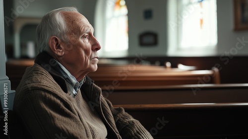 An elderly man sits quietly in a church pew, contemplating during a peaceful afternoon service with sunlight streaming through stained glass windows