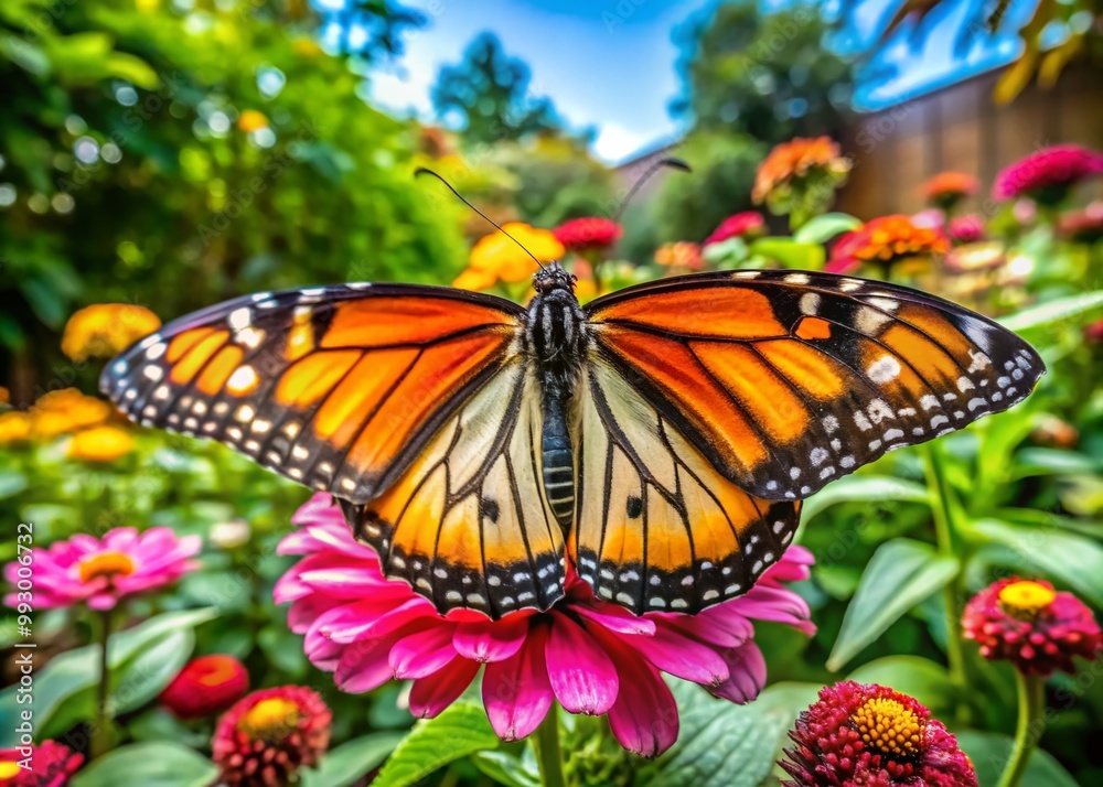 Elegant marbled white butterfly resting on a vibrant flower in a lush green garden setting Elegant marbled white butterfly resting on a vibrant flower in a lush green garden setting