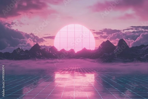 Retro Futuristic Landscape with Gridded Sun and Mountains