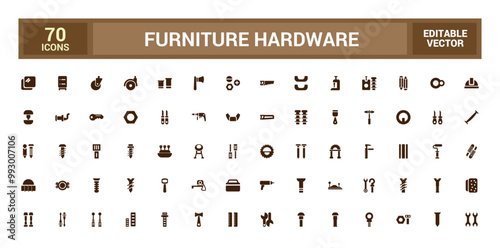 Furniture hardware isolated solid icons set. Set of carpenter fasteners, glyph icon collection for web and ui. Filled icon pack. Solid icon set. Vector illustration.