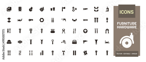 Furniture hardware isolated solid icons set. Set of carpenter fasteners, glyph icon collection for web and ui. Filled icon pack. Solid icon set. Vector illustration.