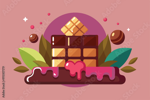 A vibrant and playful illustration showcases a chocolate dessert decorated with colorful drips and nature elements, Customizable Semi Flat Illustration for World Chocolate Day
