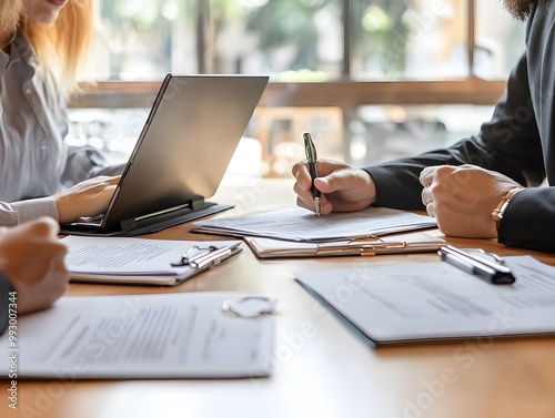Lawyers negotiating over a legal contract, with documents and laptops in front of them, legal negotiation, formal contract discussion
