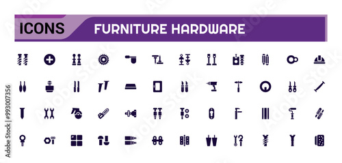 Furniture hardware isolated solid icons set. Set of carpenter fasteners, glyph icon collection for web and ui. Filled icon pack. Solid icon set. Vector illustration.