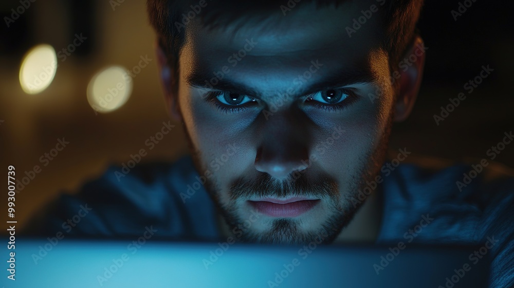 A focused man stares intently at a laptop screen, illuminated by the glow of the display, creating a dramatic atmosphere. A focused man stares intently at a laptop screen, illuminated by the glow of the display, creating a dramatic atmosphere.