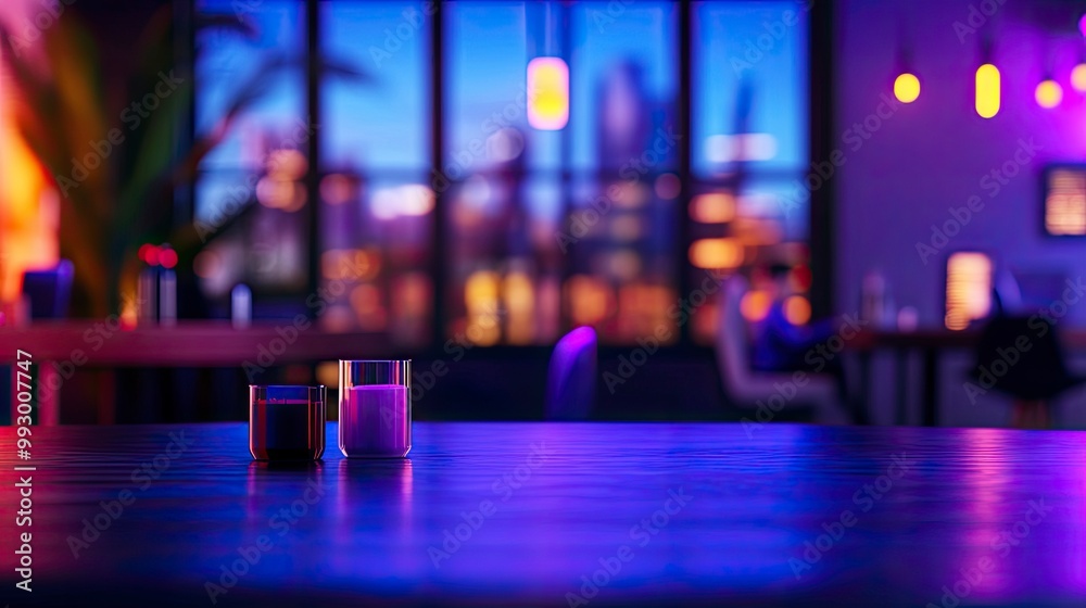 Cozy bar with colorful lights and drinks on wooden table Cozy bar with colorful lights and drinks on wooden table