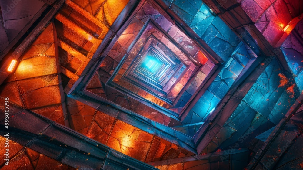 Abstract, vibrant, digital art of a tunnel-like structure with a central vanishing point, featuring geometric shapes and a spectrum of colors. Abstract, vibrant, digital art of a tunnel-like structure with a central vanishing point, featuring geometric shapes and a spectrum of colors.