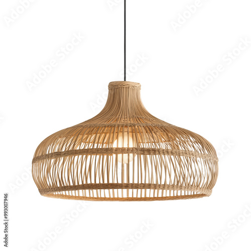 Stylish rattan pendant light with a warm glow, perfect for modern interiors and cozy living spaces. Great for home decor and lighting inspiration. photo