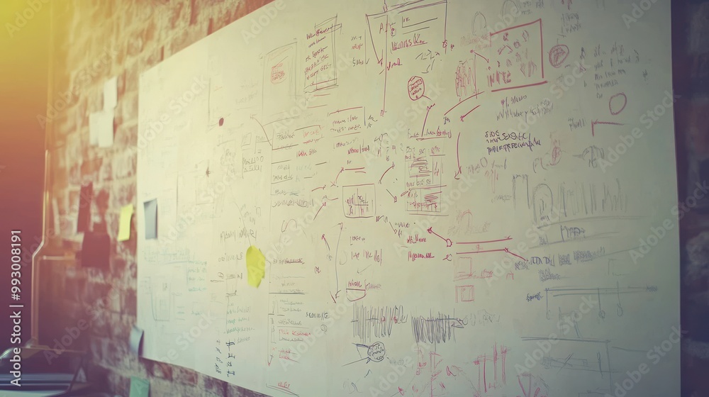 Obraz premium A whiteboard filled with notes, diagrams, and brainstorming ideas for a project.