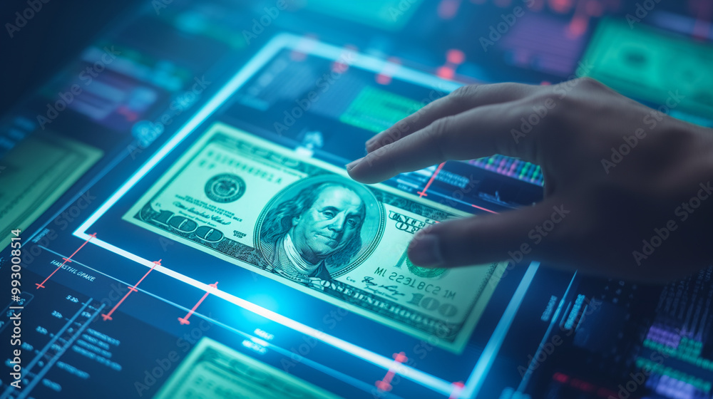 Hand Reaching for Digital Dollar Bill on Screen