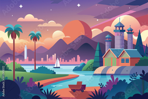 A tranquil evening with mountains silhouetted against a vibrant sunset, featuring a lake and sailboat, Customizable semi-flat illustration in the early morning.