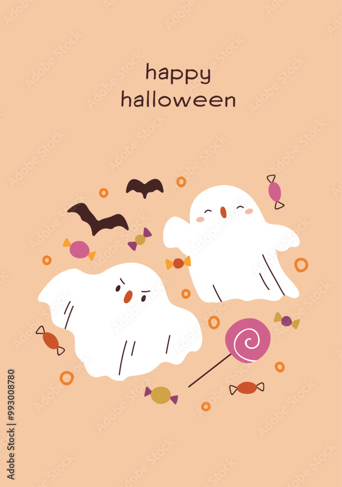 Happy Halloween card design. Funny creepy ghosts, festive spooks. October holiday postcard, kawaii adorable boo characters, candies. Festive Trick or Treat poster. Childish flat vector illustration Happy Halloween card design. Funny creepy ghosts, festive spooks. October holiday postcard, kawaii adorable boo characters, candies. Festive Trick or Treat poster. Childish flat vector illustration