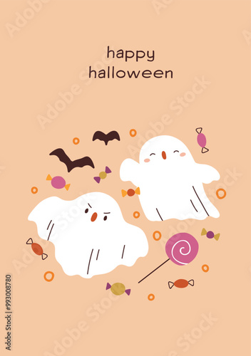 Happy Halloween card design. Funny creepy ghosts, festive spooks. October hol...