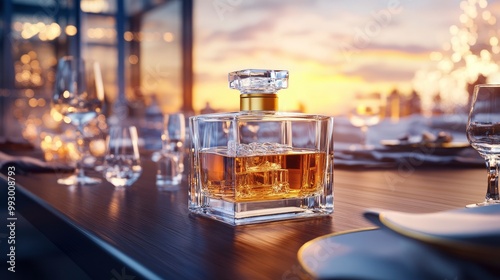 Elegant dining table setting with whiskey decanter during sunset