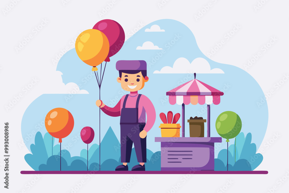 A cheerful vendor holds vibrant balloons by his stall, showcasing festive colors in a lively atmosphere, Customizable flat illustration of a balloon seller. A cheerful vendor holds vibrant balloons by his stall, showcasing festive colors in a lively atmosphere, Customizable flat illustration of a balloon seller.