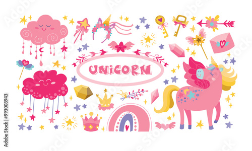 Big vector cute unicorn flat. Fairytale patch icon collection with funny unicorn, rainbow, clouds.