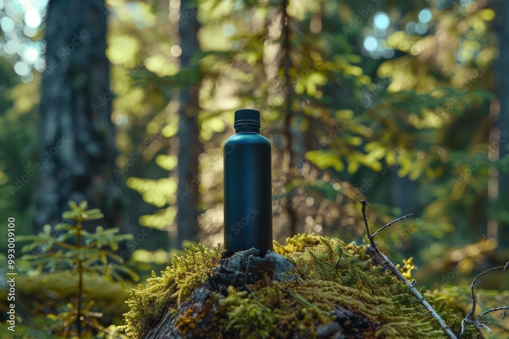 Fragrance Bottle on Evergreen Branch in Sunlit Forest - Nature-Inspired Aromatherapy Fragrance Bottle on Evergreen Branch in Sunlit Forest - Nature-Inspired Aromatherapy