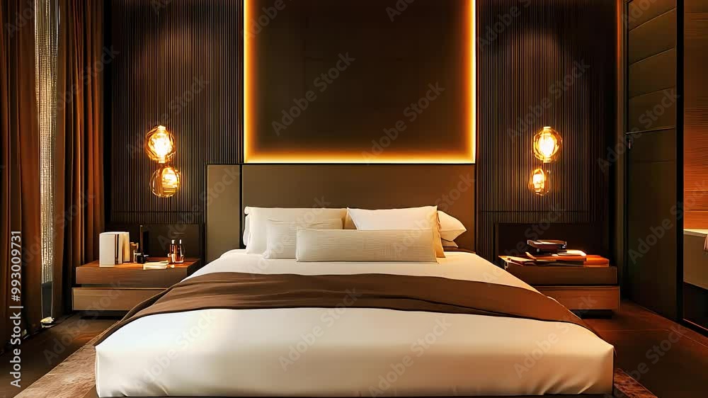 Modern luxury bedroom with ambient lighting, elegant decor, and minimalistic design, creating a cozy and stylish relaxation space. Modern luxury bedroom with ambient lighting, elegant decor, and minimalistic design, creating a cozy and stylish relaxation space.