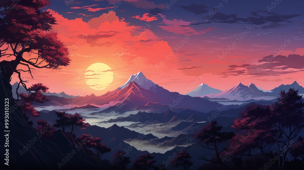 Stunning japanese mountain scenery with serene sunrise, misty forest, and rolling hills in a tranquil landscape illustration – ideal for wallpaper and background design
Stunning japanese mountain scenery with serene sunrise, misty forest, and rolling hills in a tranquil landscape illustration – ideal for wallpaper and background design